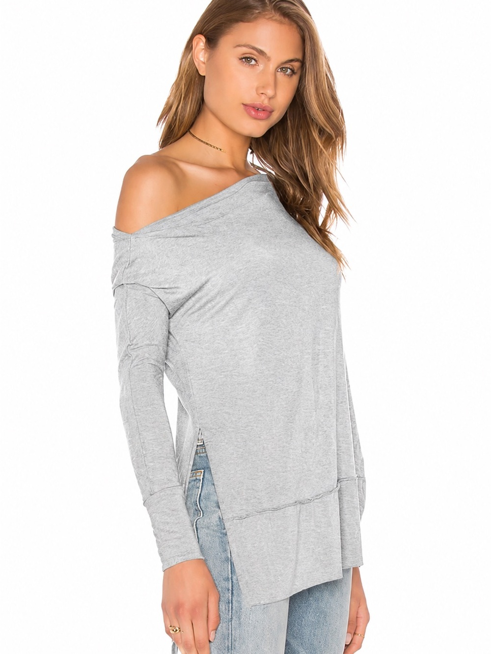Free People We The Free Luna Long Sleeve Tee Side Slit Tunic Heather Gray Large